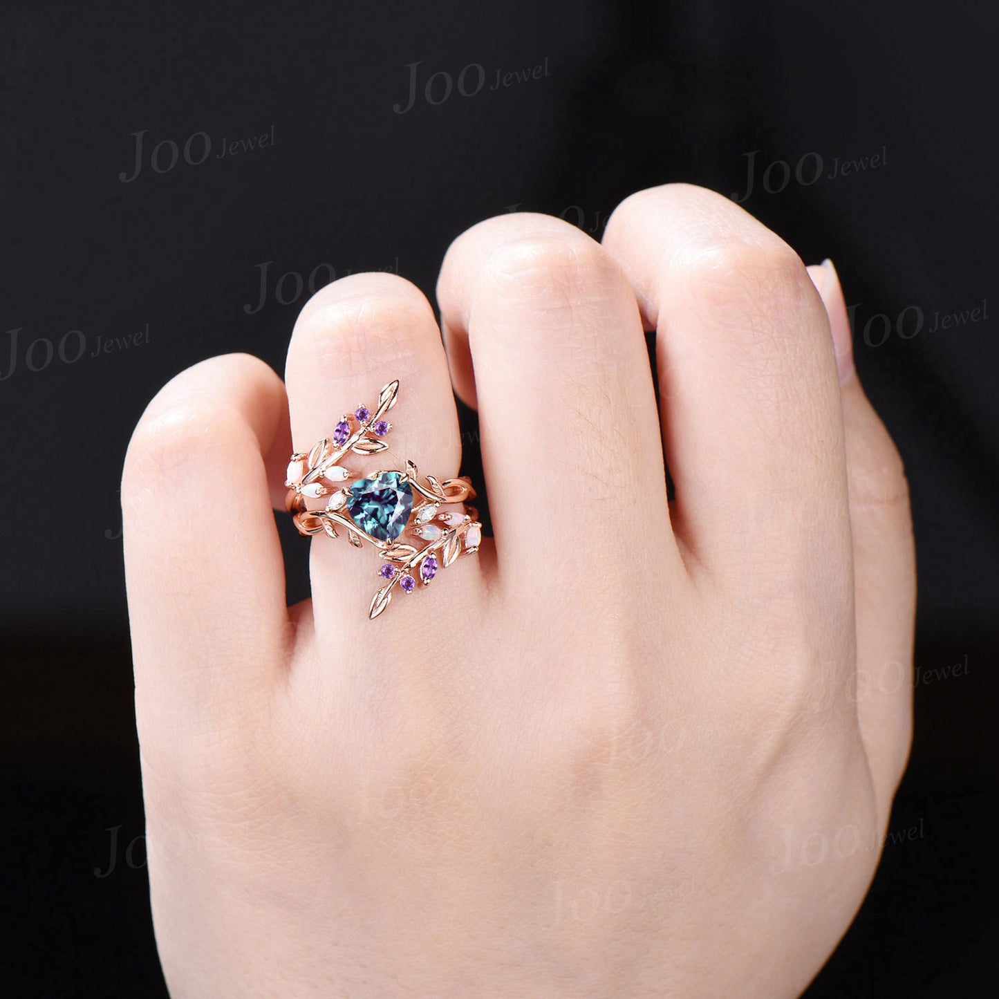 Black Ring Set Nature Inspired Color-Change Alexandrite Amethyst Bridal Set Twig Vine Pear Alexandrite Engagement Ring June Birthstone Gifts (Copy)