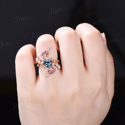 Black Ring Set Nature Inspired Color-Change Alexandrite Amethyst Bridal Set Twig Vine Pear Alexandrite Engagement Ring June Birthstone Gifts (Copy)