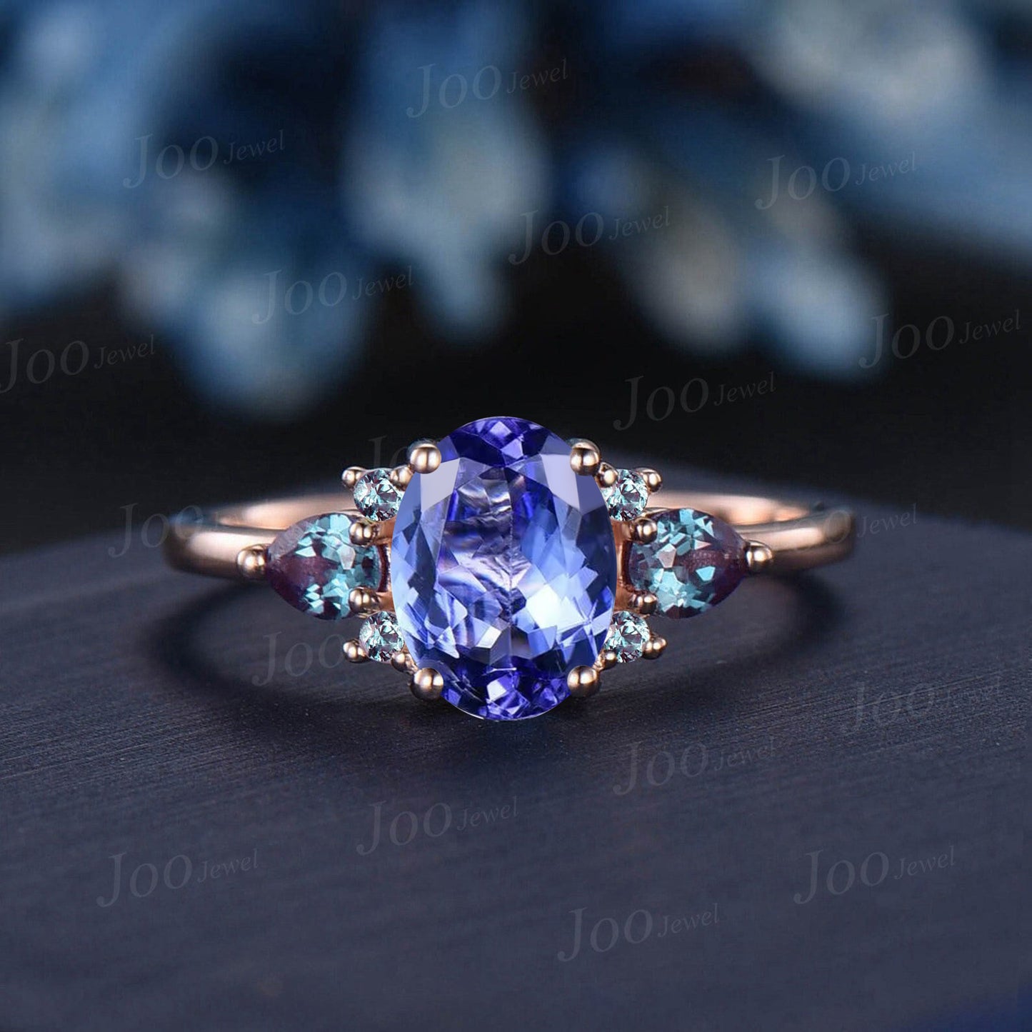 1.5ct Oval Cut Natural Tanzanite Engagement Ring Cluster Pear Alexandrite Ring Unique December Birthstone Birthday Gifts Blue Gemstone Rings