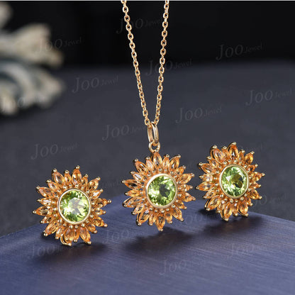 Sunflower Stud Earrings | Round Cut Natural Peridot Citrine Halo Earrings in 9K Gold | Dainty August Birthstone Birthday Gifts for Women