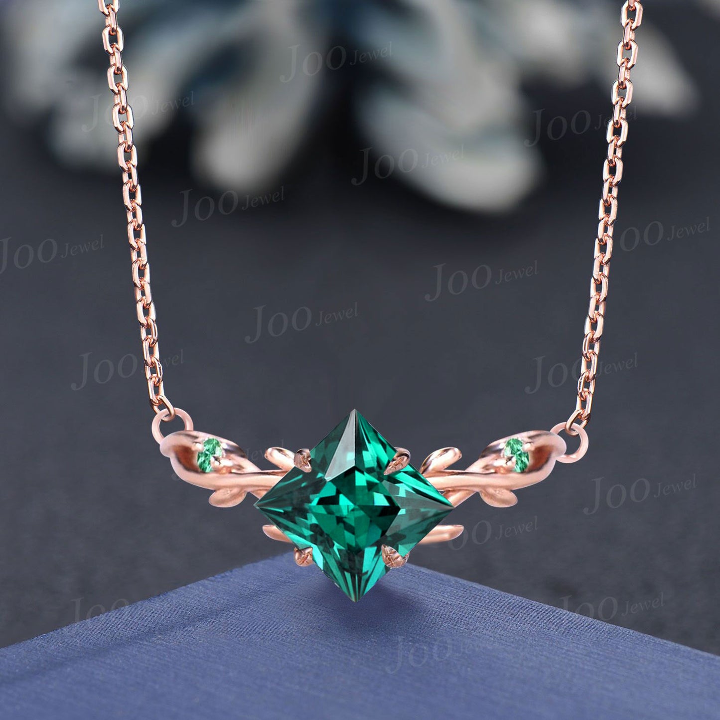 Pear Shaped Green Emerald Necklace Solid 14K/18K Rose Gold Three Stone Leaf Vine Nature Inspired Pendant Birthday Anniversary Gift For Women