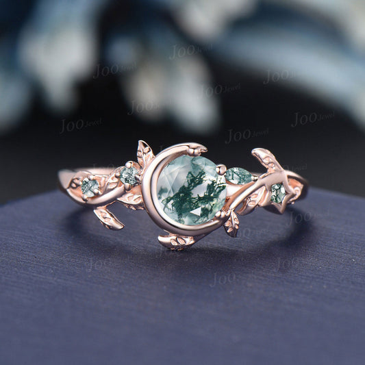 Moon Star Design Natural Green Agate Ring Vintage 5mm Round Cut Moss Agate Engagement Ring Leaf Wedding Ring Nature Inspired Rings for Women