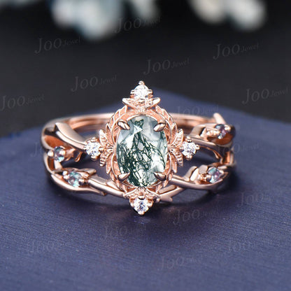 Halo Twig Moss Agate Ring Nature Inspired Oval Wedding Ring 14K Rose Gold Branch Vine Alexandrite Diamond Ring Unique Wedding Gifts Women