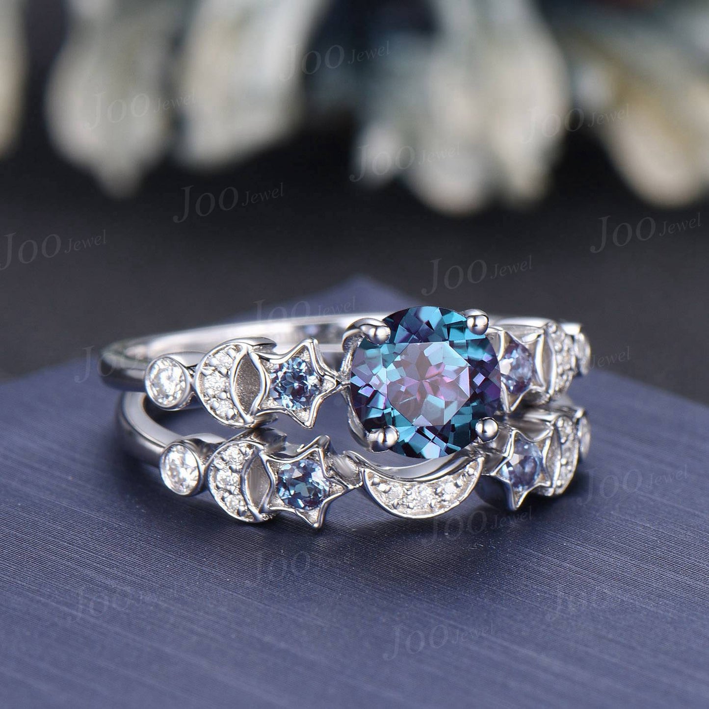 Moon Star Engagement Ring Sterling Silver Round Color-Change Alexandrite Bridal Set Alexandrite Celestial Wedding Ring Crescent Moon Ring