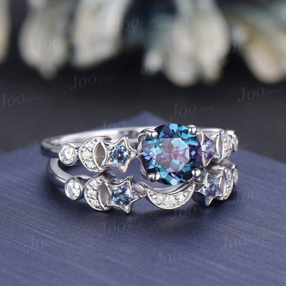 Moon Star Engagement Ring Sterling Silver Round Color-Change Alexandrite Bridal Set Alexandrite Celestial Wedding Ring Crescent Moon Ring