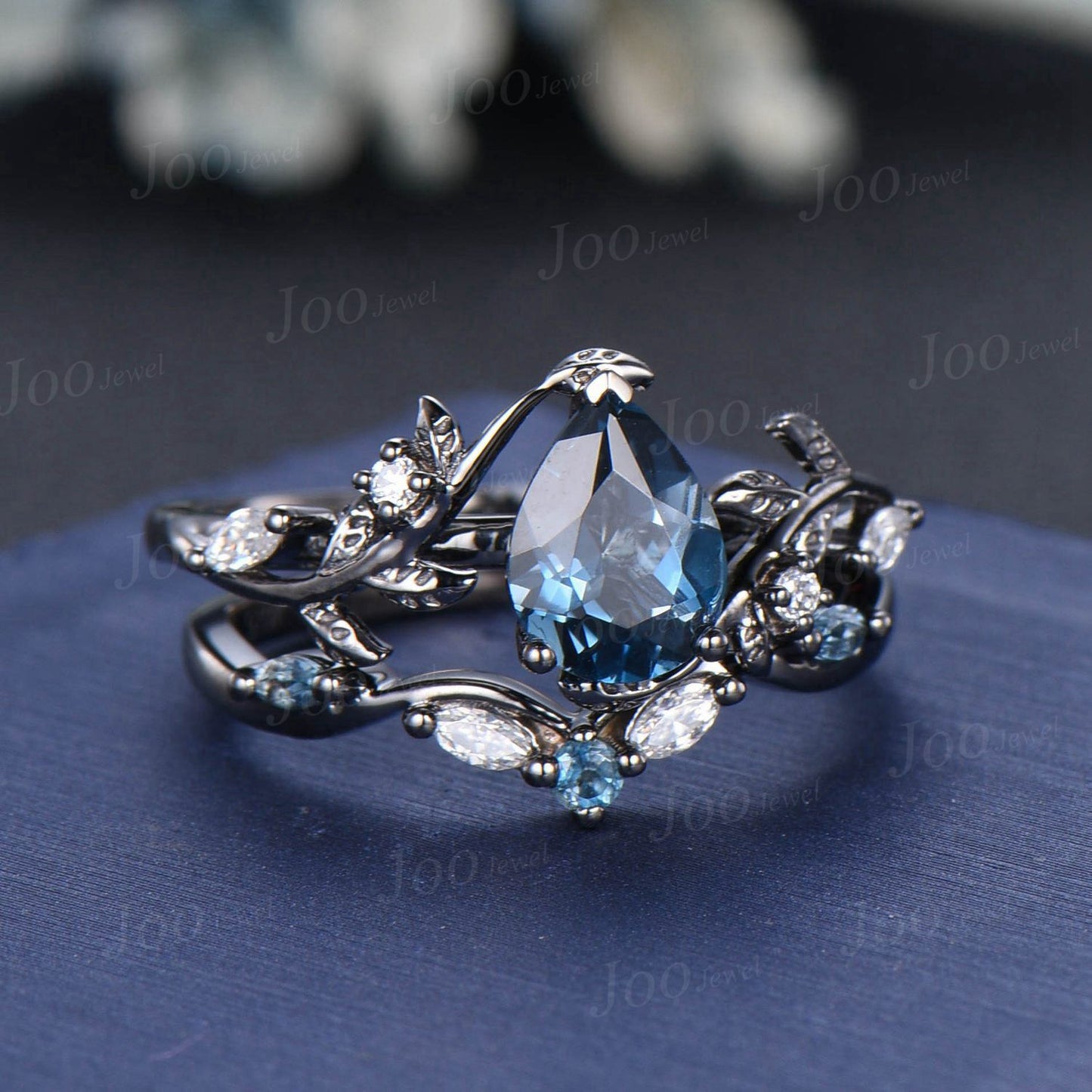 1.25ct Pear Cut Natural London Blue Topaz Black Gold Engagement Ring Set Diamond Leaf Branch Wedding Ring Unique December Birthstone Gifts