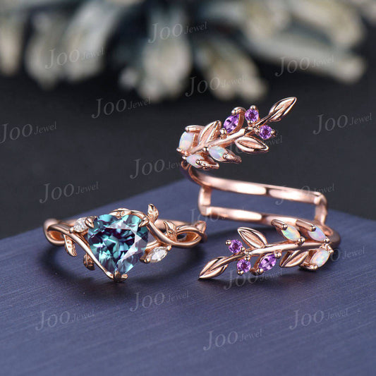 Black Ring Set Nature Inspired Color-Change Alexandrite Amethyst Bridal Set Twig Vine Pear Alexandrite Engagement Ring June Birthstone Gifts (Copy)