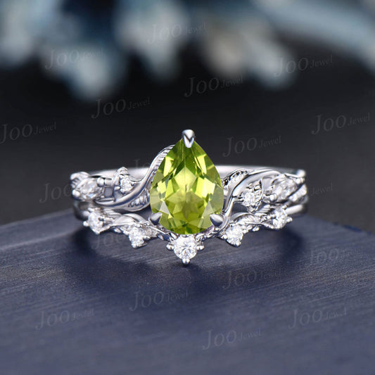 14K White Gold Natural Pear Cut Peridot Diamond Engagement Ring Set Vintage Twig Vine 1.25ct Peridot Ring Aug Birthstone Anniversary Gifts