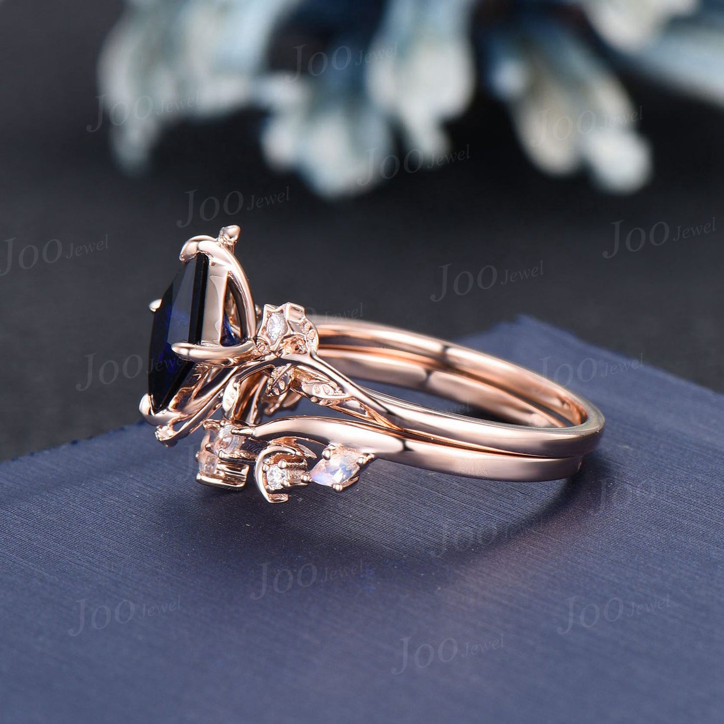 Princess Cut Blue Sapphire Moonstone Wedding Ring Set Unique Nature Inspired Branch Proposal Ring Moon Star Design Blue Sapphire Ring Women
