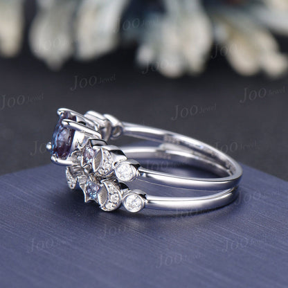 Moon Star Engagement Ring Sterling Silver Round Color-Change Alexandrite Bridal Set Alexandrite Celestial Wedding Ring Crescent Moon Ring
