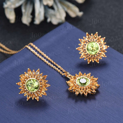 Sunflower Stud Earrings | Round Cut Natural Peridot Citrine Halo Earrings in 9K Gold | Dainty August Birthstone Birthday Gifts for Women