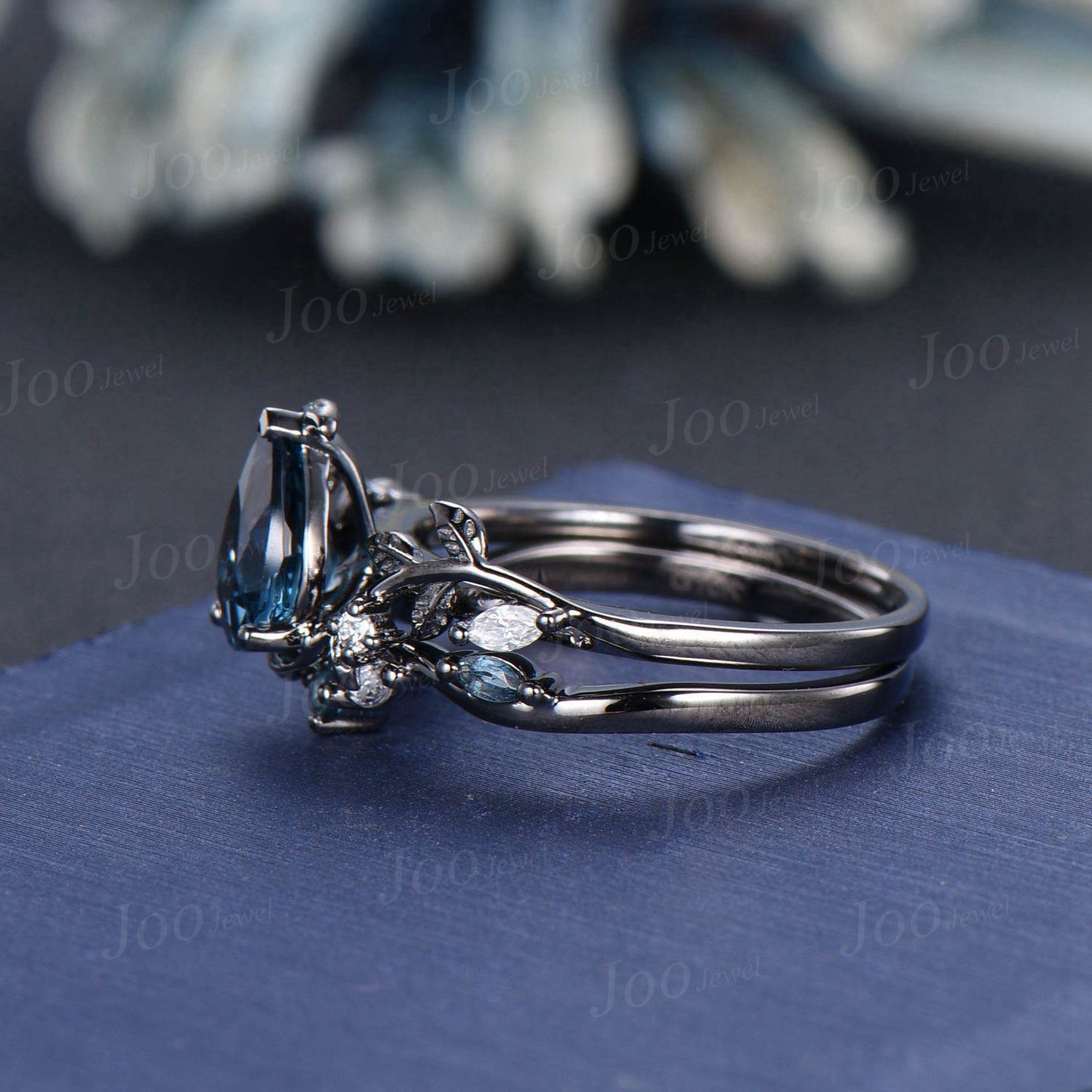 1.25ct Pear Cut Natural London Blue Topaz Black Gold Engagement Ring Set Diamond Leaf Branch Wedding Ring Unique December Birthstone Gifts