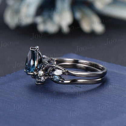 1.25ct Pear Cut Natural London Blue Topaz Black Gold Engagement Ring Set Diamond Leaf Branch Wedding Ring Unique December Birthstone Gifts