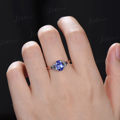 1.5ct Oval Cut Natural Tanzanite Engagement Ring Cluster Pear Alexandrite Ring Unique December Birthstone Birthday Gifts Blue Gemstone Rings