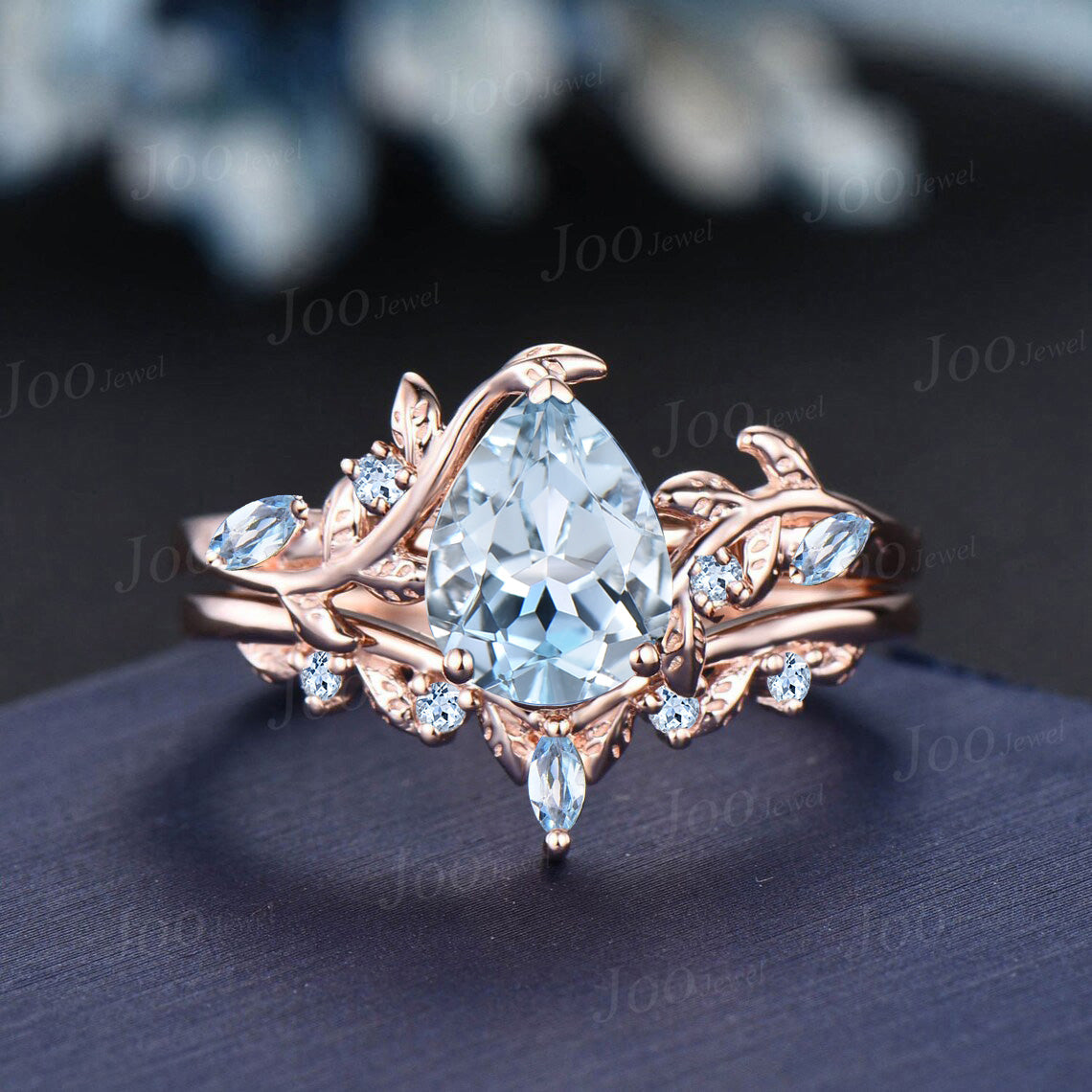 Pear Shaped Natural Aquamarine Engagement Ring Set Rose Gold Leaf Branch Nature Inspired Aquamarine Wedding Ring Set for Women Jewelry Gifts
