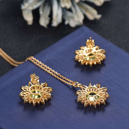Sunflower Stud Earrings | Round Cut Natural Peridot Citrine Halo Earrings in 9K Gold | Dainty August Birthstone Birthday Gifts for Women