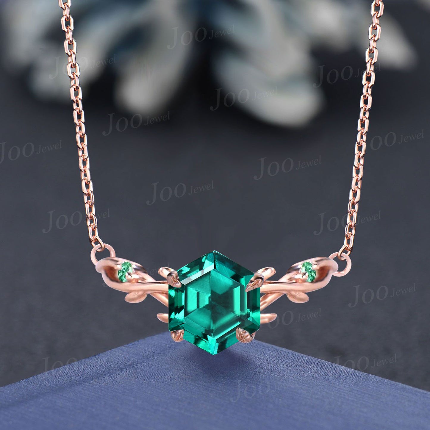 Pear Shaped Green Emerald Necklace Solid 14K/18K Rose Gold Three Stone Leaf Vine Nature Inspired Pendant Birthday Anniversary Gift For Women