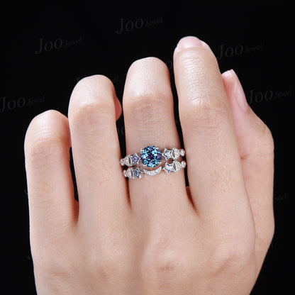Moon Star Engagement Ring Sterling Silver Round Color-Change Alexandrite Bridal Set Alexandrite Celestial Wedding Ring Crescent Moon Ring