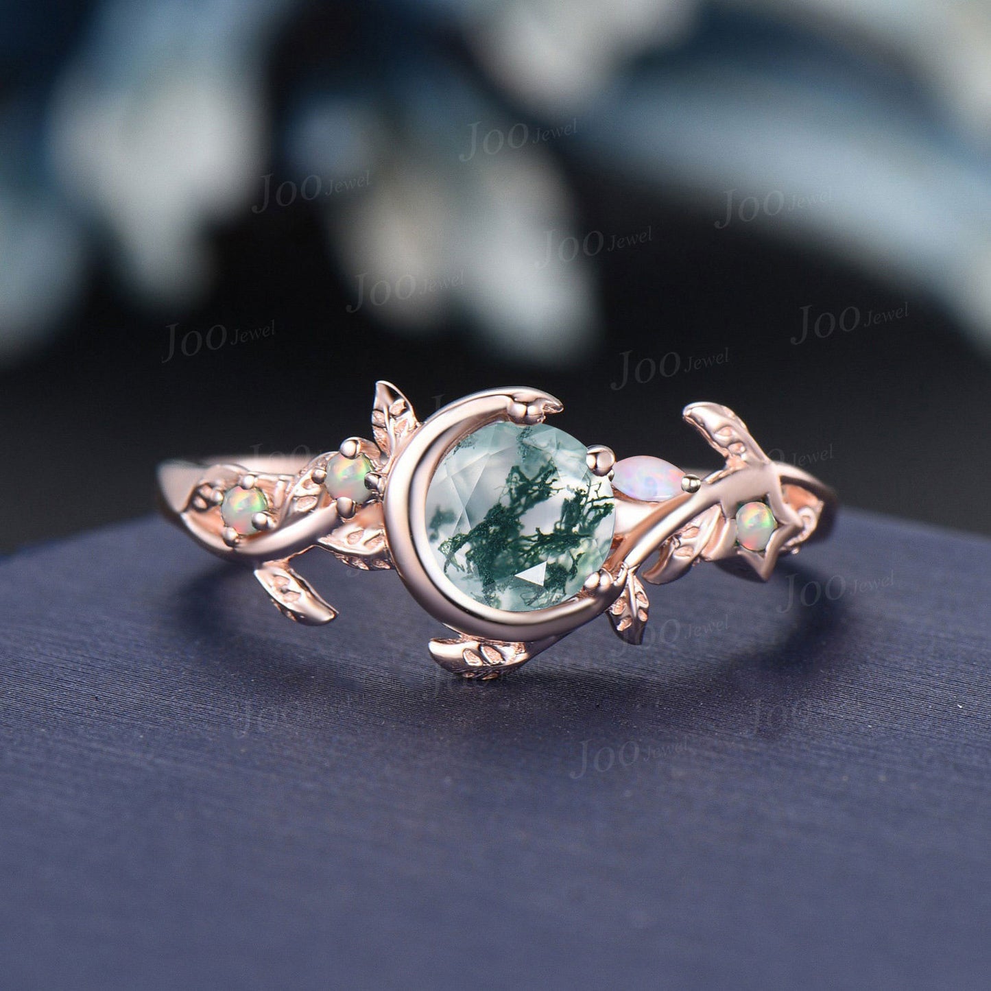 Moon Star Design Natural Green Agate Emerald Ring Vintage 5mm Round Moss Agate Engagement Ring Leaf Wedding Ring Nature Inspired Gifts Women