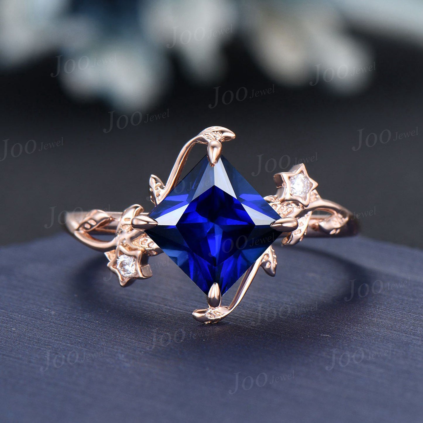 Princess Cut Blue Sapphire Moonstone Wedding Ring Set Unique Nature Inspired Branch Proposal Ring Moon Star Design Blue Sapphire Ring Women