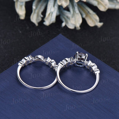 Moon Star Engagement Ring Sterling Silver Round Color-Change Alexandrite Bridal Set Alexandrite Celestial Wedding Ring Crescent Moon Ring