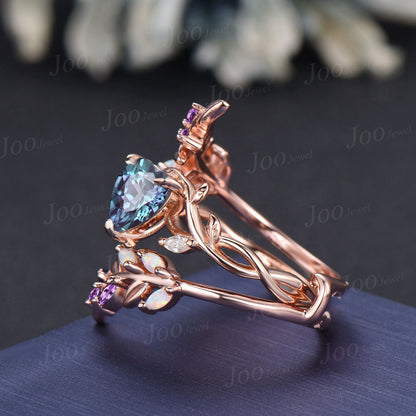 Black Ring Set Nature Inspired Color-Change Alexandrite Amethyst Bridal Set Twig Vine Pear Alexandrite Engagement Ring June Birthstone Gifts (Copy)
