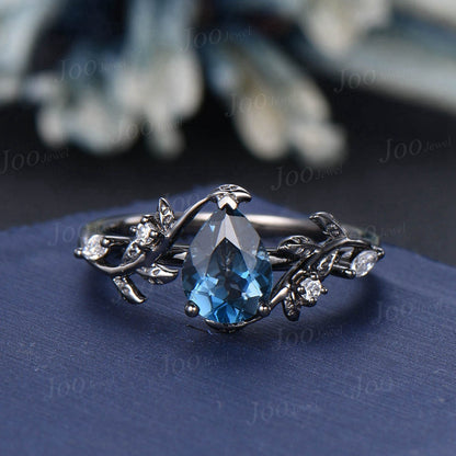 1.25ct Pear Cut Natural London Blue Topaz Black Gold Engagement Ring Set Diamond Leaf Branch Wedding Ring Unique December Birthstone Gifts