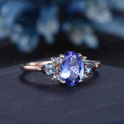 1.5ct Oval Cut Natural Tanzanite Engagement Ring Cluster Pear Alexandrite Ring Unique December Birthstone Birthday Gifts Blue Gemstone Rings