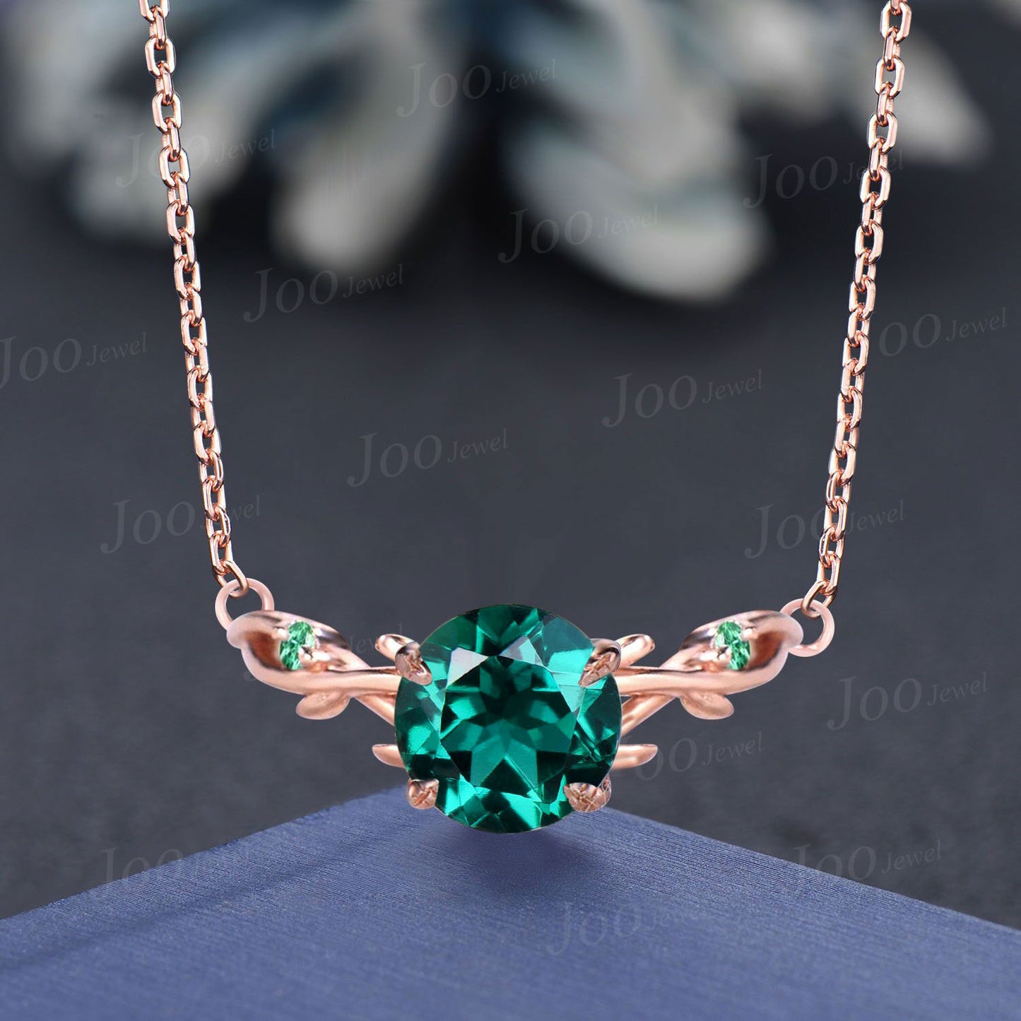 Pear Shaped Green Emerald Necklace Solid 14K/18K Rose Gold Three Stone Leaf Vine Nature Inspired Pendant Birthday Anniversary Gift For Women