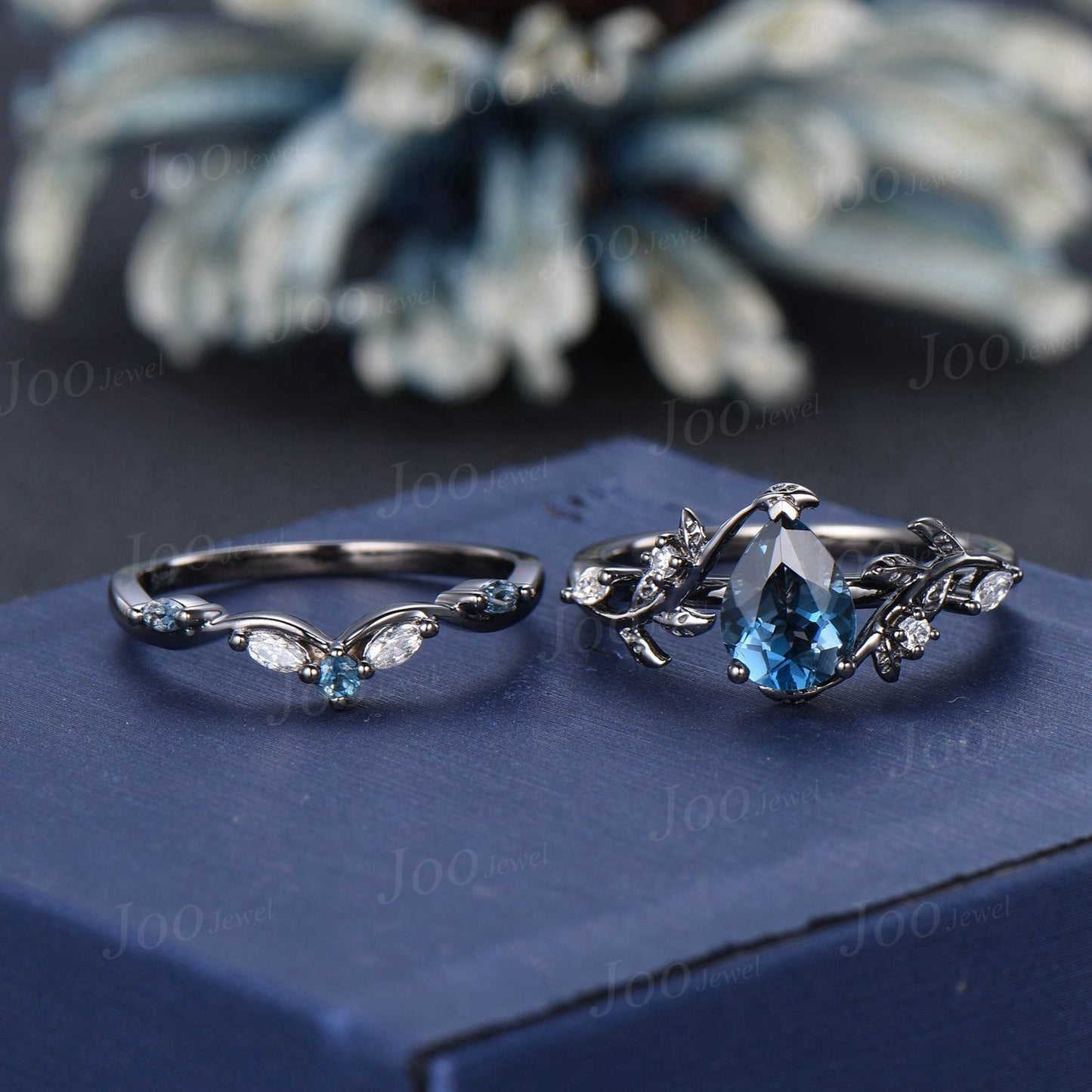 1.25ct Pear Cut Natural London Blue Topaz Black Gold Engagement Ring Set Diamond Leaf Branch Wedding Ring Unique December Birthstone Gifts