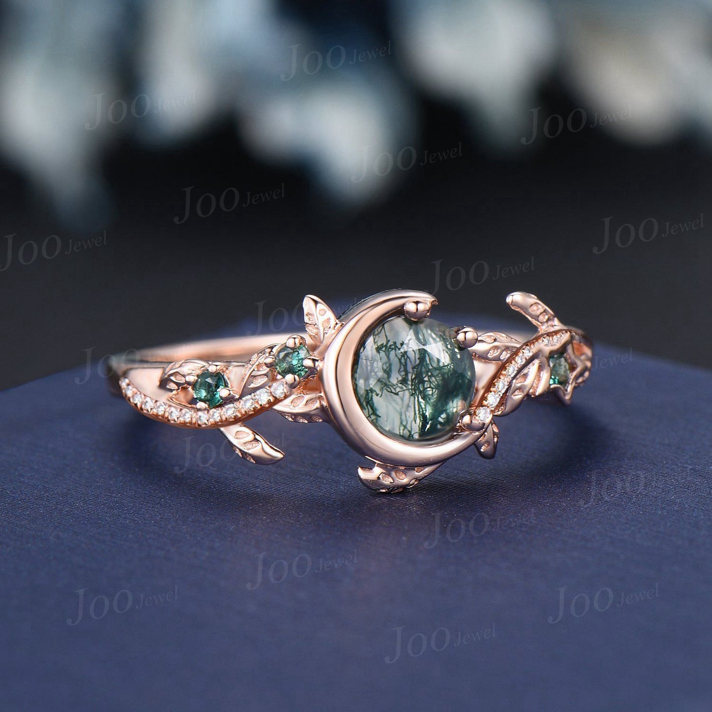 Entangled Vines Natural Green Moss Agate Emerald Ring Vintage 5mm Round Moss Agate Moon Star Engagement Ring Leaf Half Eternity Promise Ring
