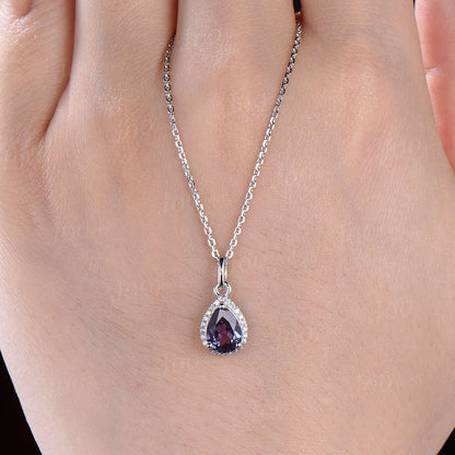 Pear Cut Color-Change Alexandrite Necklace Solid 14K/18K Rose Gold June Birthstone Gemstone Necklace Vintage Halo Moissanite Diamond Pendant