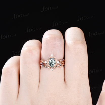 Halo Twig Moss Agate Ring Nature Inspired Oval Wedding Ring 14K Rose Gold Branch Vine Alexandrite Diamond Ring Unique Wedding Gifts Women