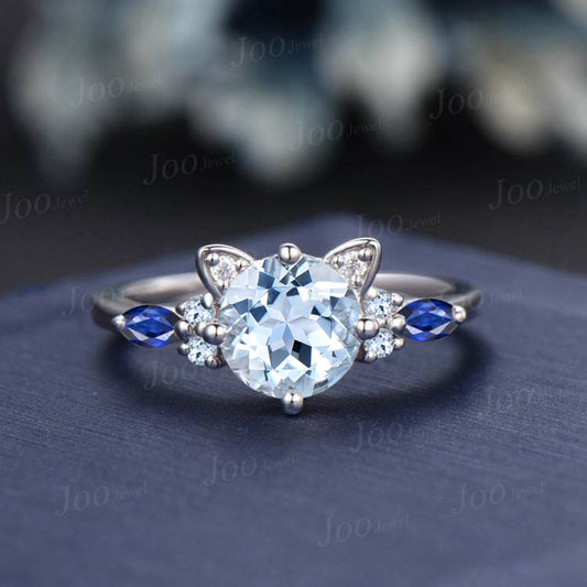 Kitten Cat Engagement Ring Vintage 1.2ct Round Natural Aquamarine Blue Sapphire Ring Peekaboo Cat Promise Wedding Ring Gifts for Cat Lover