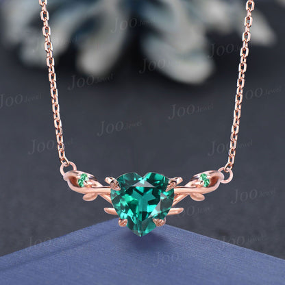 Pear Shaped Green Emerald Necklace Solid 14K/18K Rose Gold Three Stone Leaf Vine Nature Inspired Pendant Birthday Anniversary Gift For Women