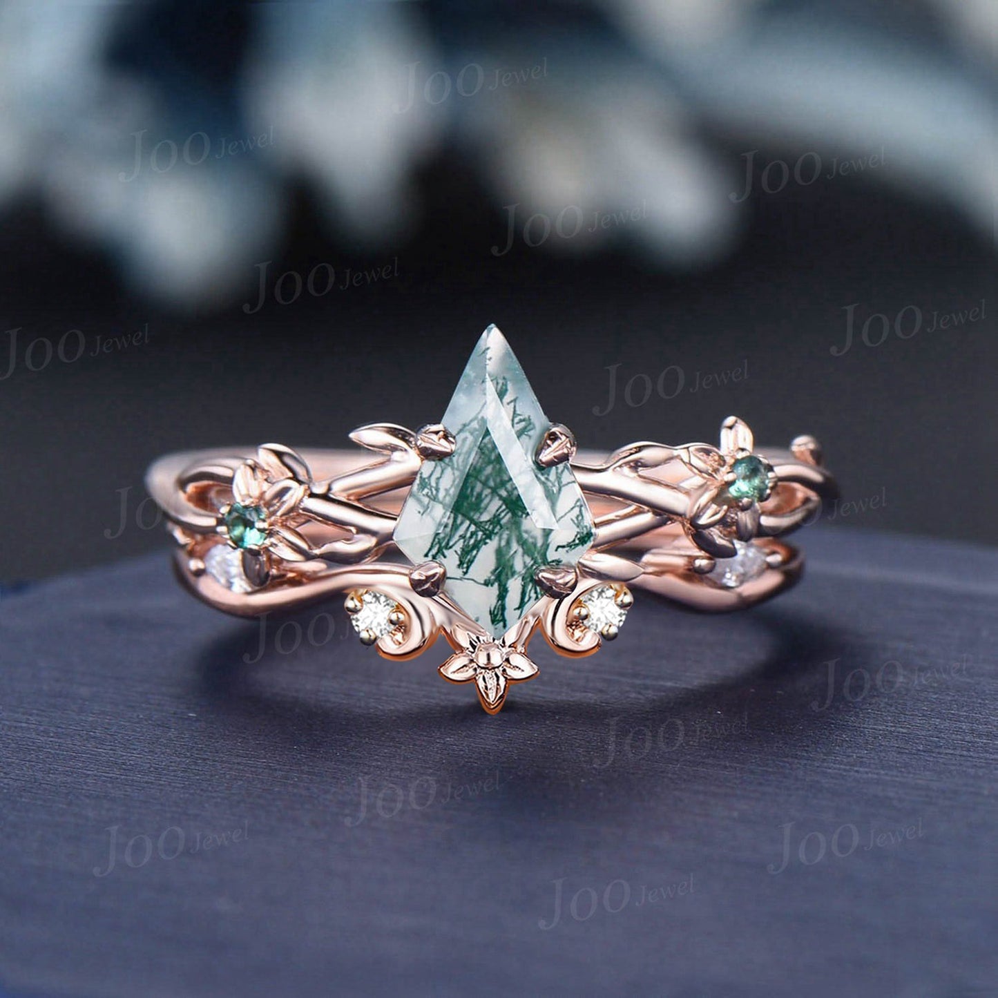 1ct Nature Inspired Floral Bridal Set Kite Moss Agate Emerald Engagement Ring Branch Twig Vine Wedding Ring Vintage Aquatic Agate Jewelry
