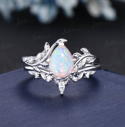 1.25ct Nature Inspired White Opal Moissanite Ring Pear Shaped Opal Twig Engagement Ring Set Branch Bridal Set October Birthstone Gift Women