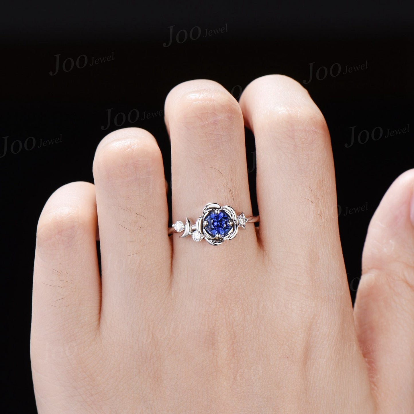 Nature Inspired Natural Blue Sapphire Diamond Ring Rose Flower Wedding Ring Moon Star Proposal Ring Unique September Birthday Gifts Women
