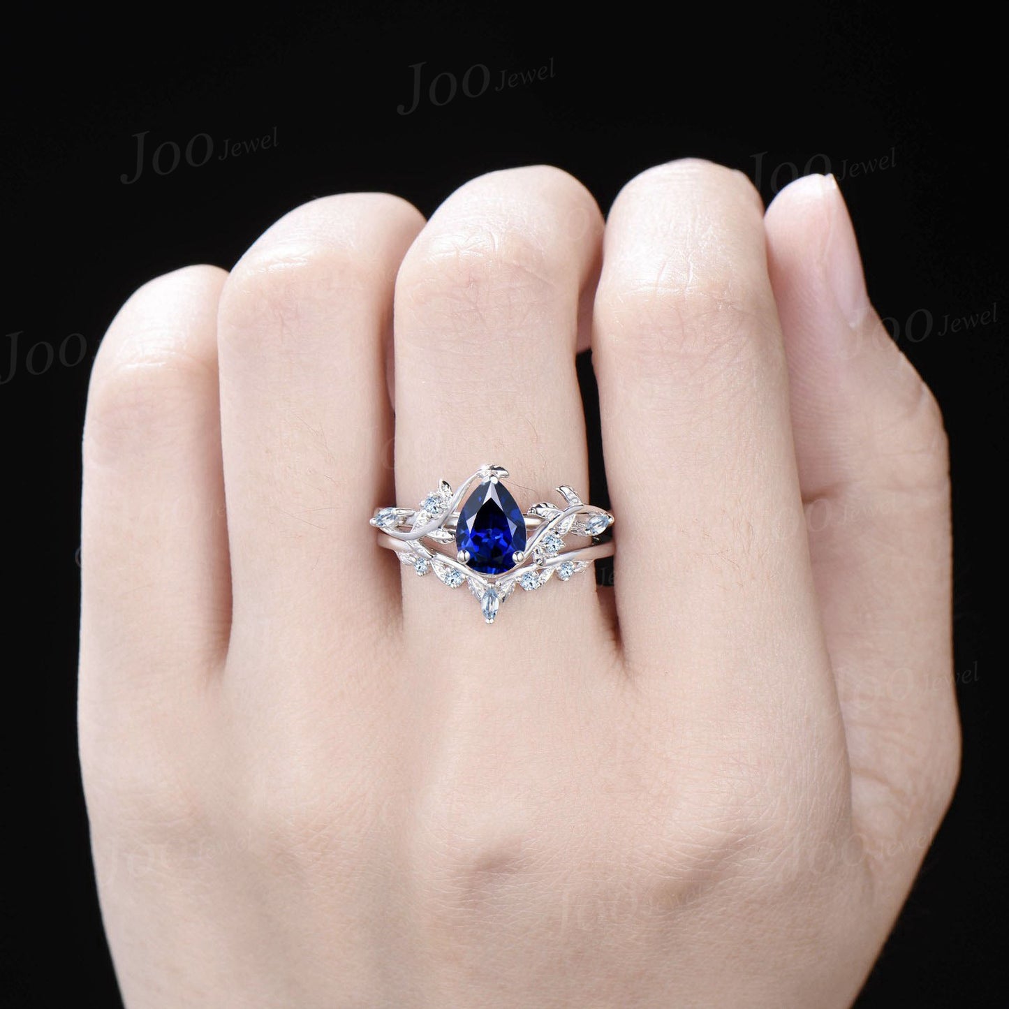 1.25ct Pear Cut Blue Sapphire Engagement Ring Set Leaf Branch Nature Inspired Real Aquamarine Wedding Ring for Women September Jewelry Gifts