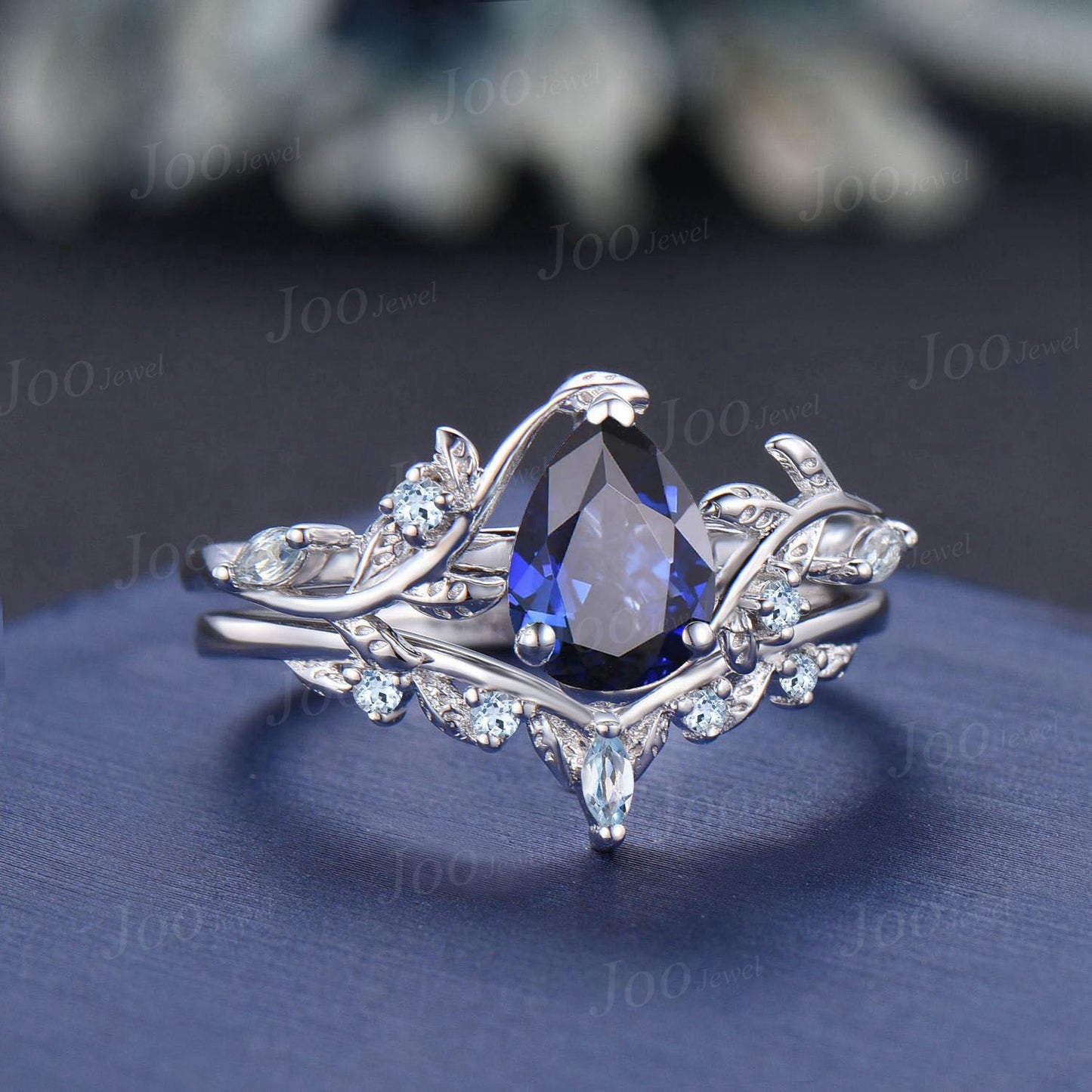1.25ct Pear Cut Blue Sapphire Engagement Ring Set Leaf Branch Nature Inspired Real Aquamarine Wedding Ring for Women September Jewelry Gifts