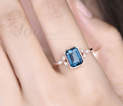 Bezel Set Engagement Ring 14K Rose Gold Emerald Cut Natural London Blue Topaz Ring December Birthstone Gifts Unique Flower Proposal Rings