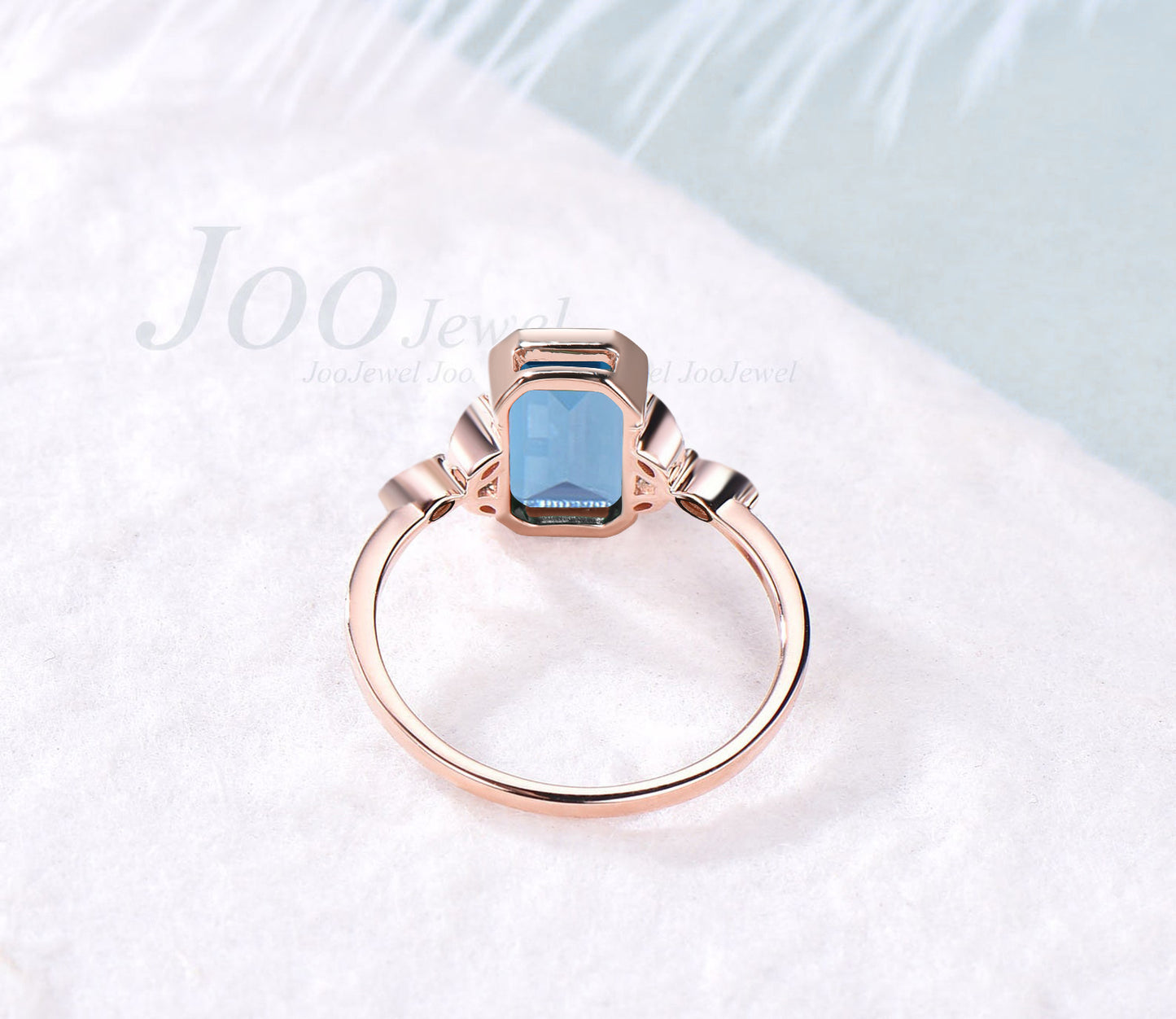 Bezel Set Engagement Ring 14K Rose Gold Emerald Cut Natural London Blue Topaz Ring December Birthstone Gifts Unique Flower Proposal Rings