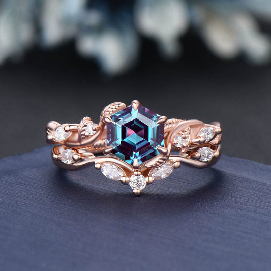 1ct Hexagon Color-Change Alexandrite Engagement Ring Set 14K Rose Gold Moissanite Wedding Ring June Birthstone Jewelry Unique Birthday Gifts