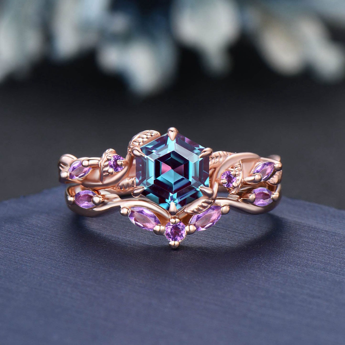 1ct Hexagon Color-Change Alexandrite Engagement Ring Set 14K Rose Gold Moissanite Wedding Ring June Birthstone Jewelry Unique Birthday Gifts
