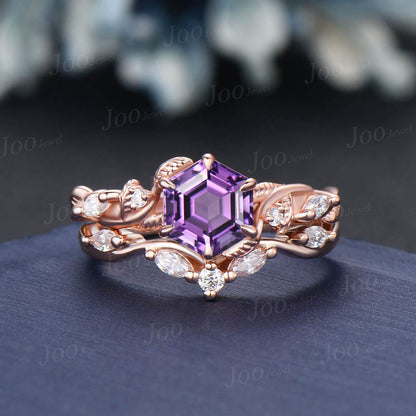 Hexagon Amethyst Engagement Ring Set Rose Gold Nature Inspired Moissanite Amethyst Wedding Ring Twisted Leaf Ring February Birthstone Gifts