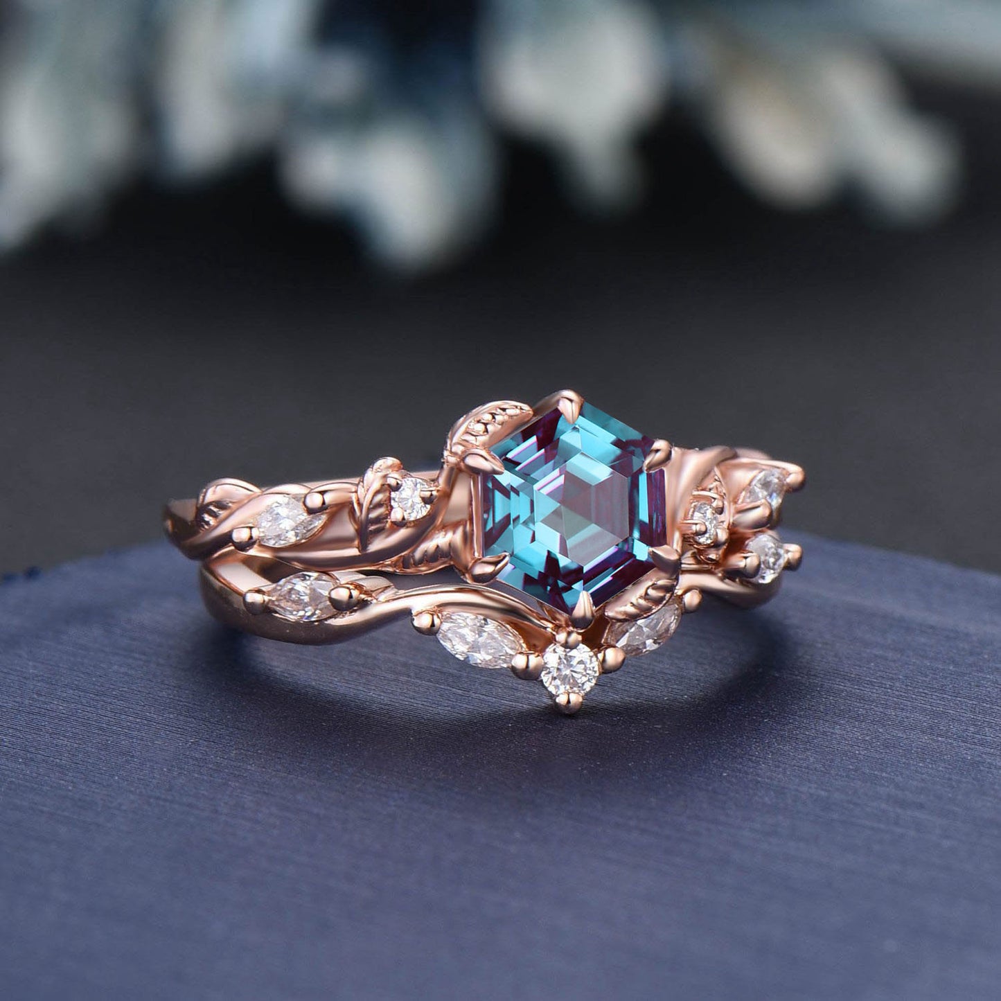 1ct Hexagon Color-Change Alexandrite Engagement Ring Set 14K Rose Gold Moissanite Wedding Ring June Birthstone Jewelry Unique Birthday Gifts
