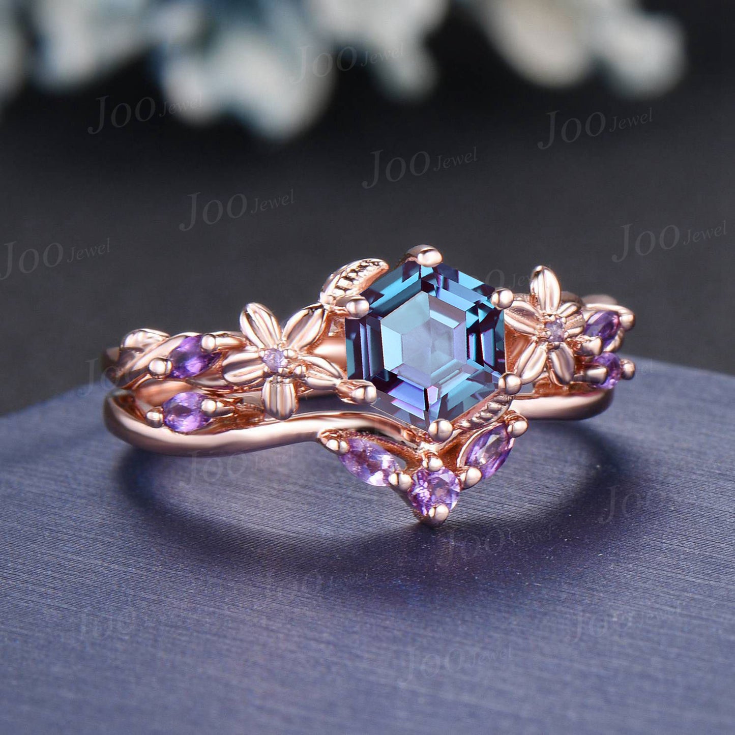 1ct Hexagon Flower Nature Inspired Color-Change Alexandrite Engagement Ring Set Rose Gold Amethyst Wedding Ring June Birthstone Jewelry Gift