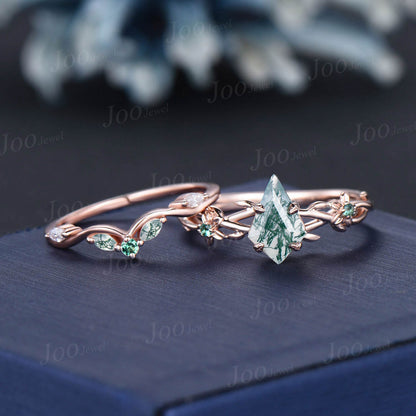 1ct Nature Inspired Kite Moss Agate Ring Set Floral Engagement Ring Green Emerald Branch Twig Vine Wedding Ring Vintage Agate Bridal Sets