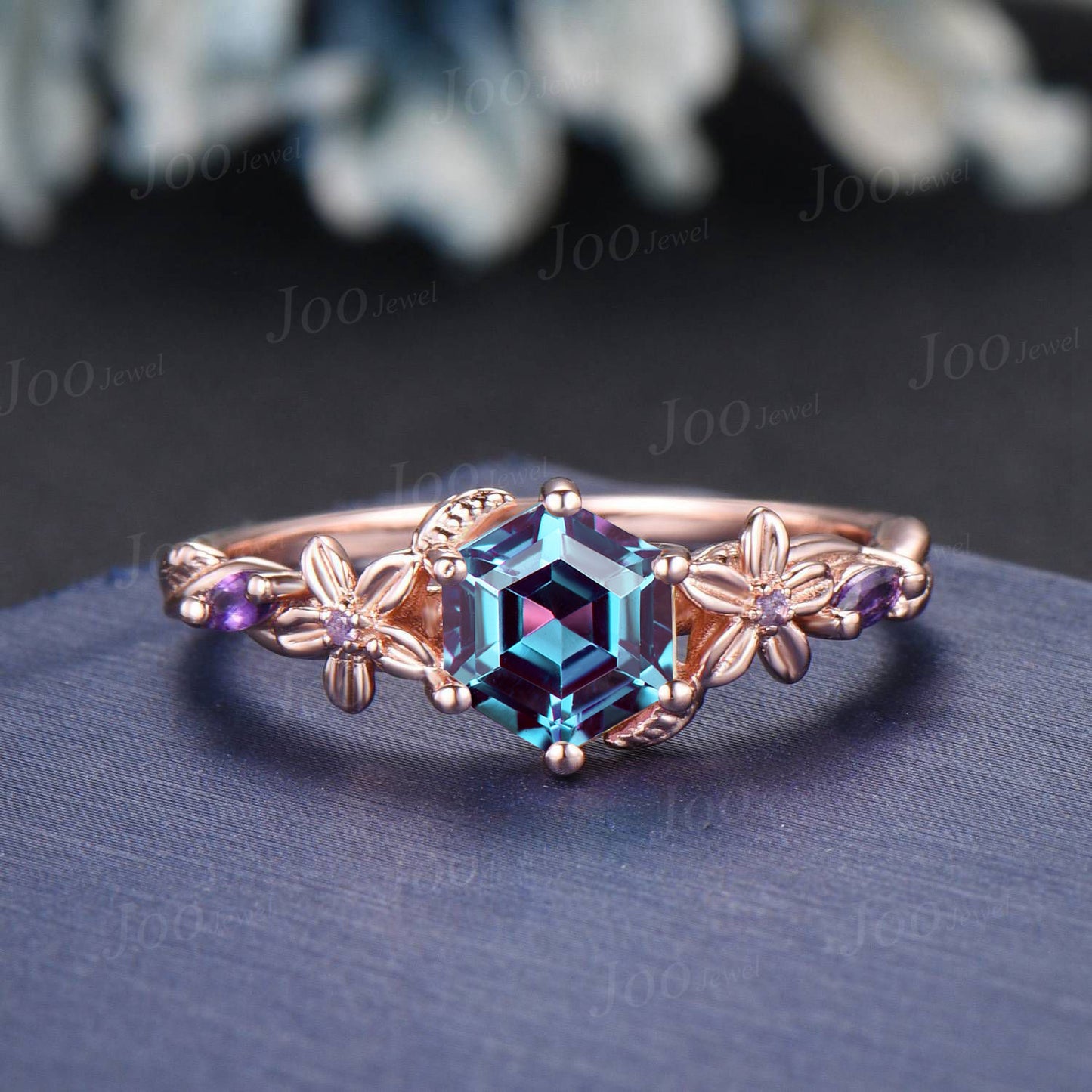 1ct Hexagon Flower Nature Inspired Color-Change Alexandrite Engagement Ring Set Rose Gold Amethyst Wedding Ring June Birthstone Jewelry Gift
