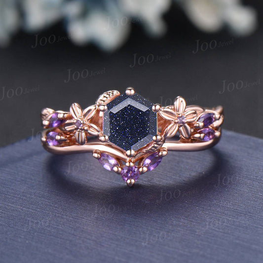 1ct Nature Inspired Hexagon Galaxy Blue Sandstone Engagement Ring Set Rose Flower Amethyst Wedding Ring 14K Rose Gold Floral Leaf Ring Gifts